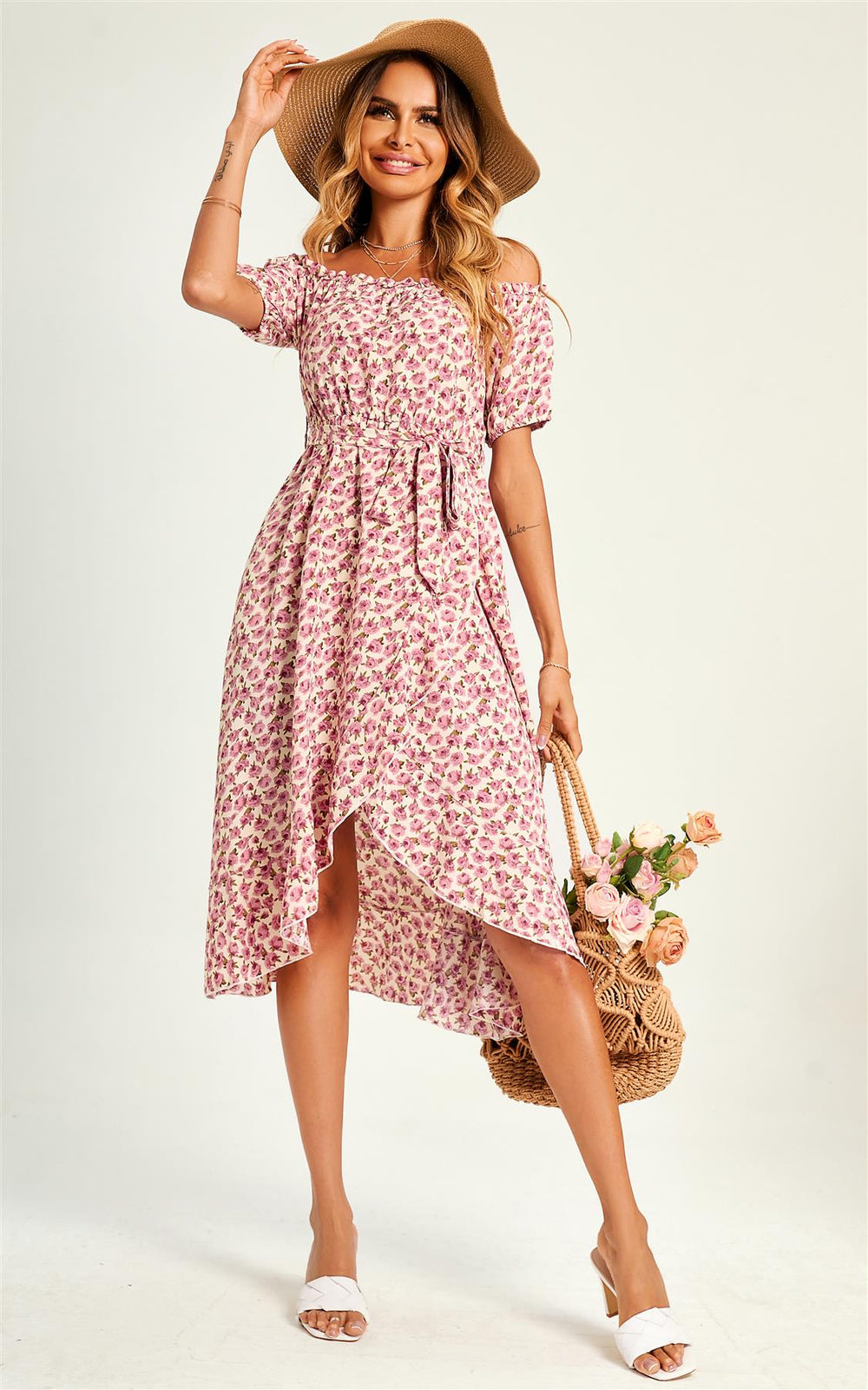 Rose Garden Bardot Frill High Low Slip Midi Dress In Pink