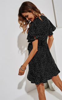 White Dot Mini Wrap Top Dress In Black