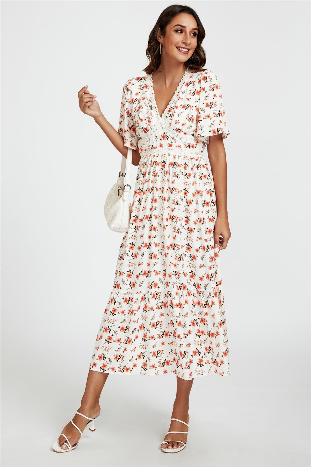 Red Floral Print Lace Detail Angel Sleeve Midi Dress In Cream