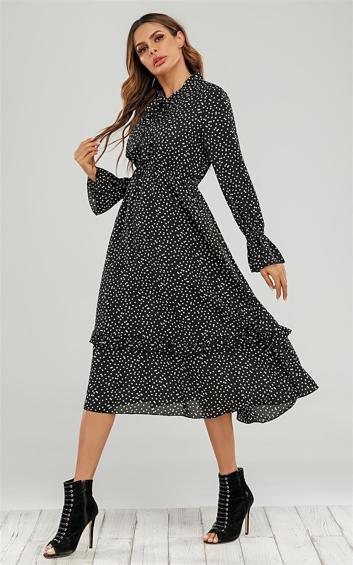 Long Sleeve Frill Detail Tiered Midi Dress In Black & White Dot