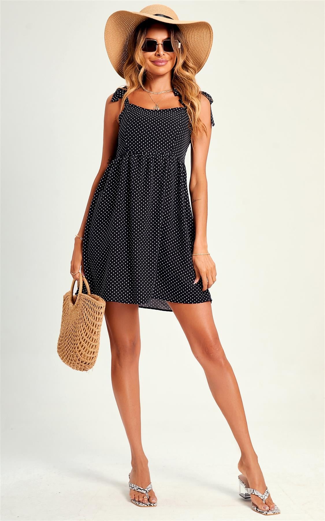 Polka Dot Print Hem Detail Strap Mini Dress In Black