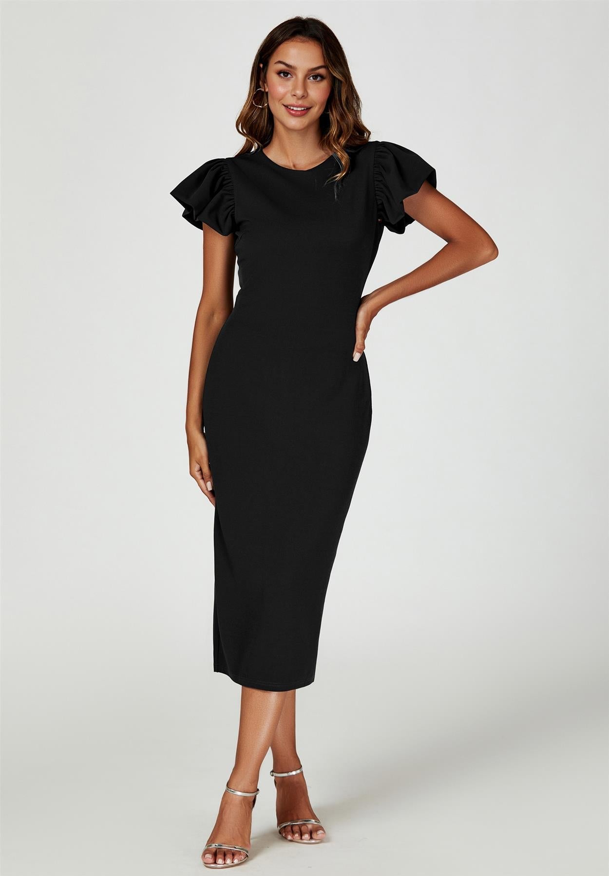 Volume Sleeve Bodycon Midi Dress In Black