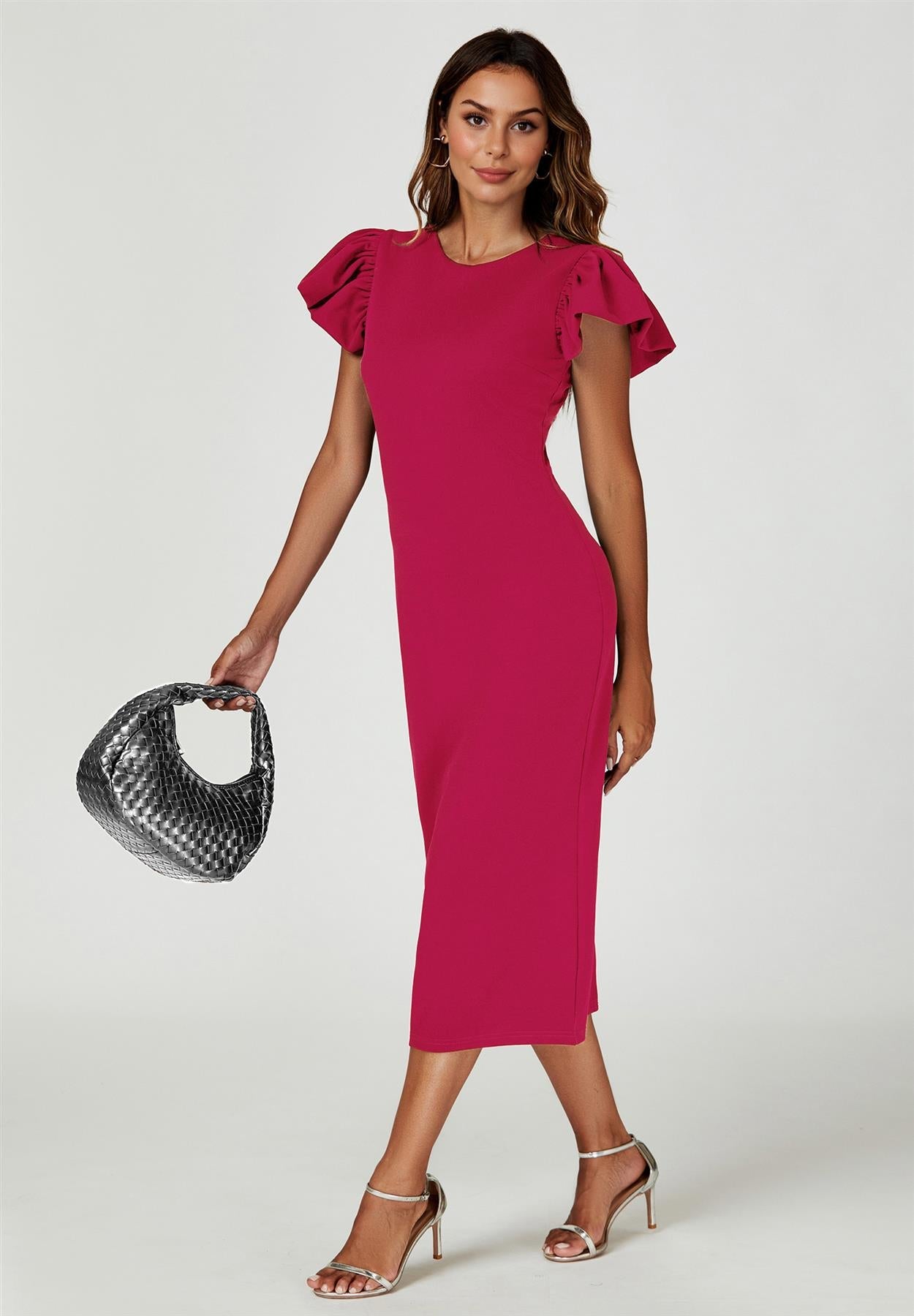 Volume Sleeve Bodycon Midi Dress In Fuchsia