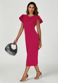 Volume Sleeve Bodycon Midi Dress In Fuchsia