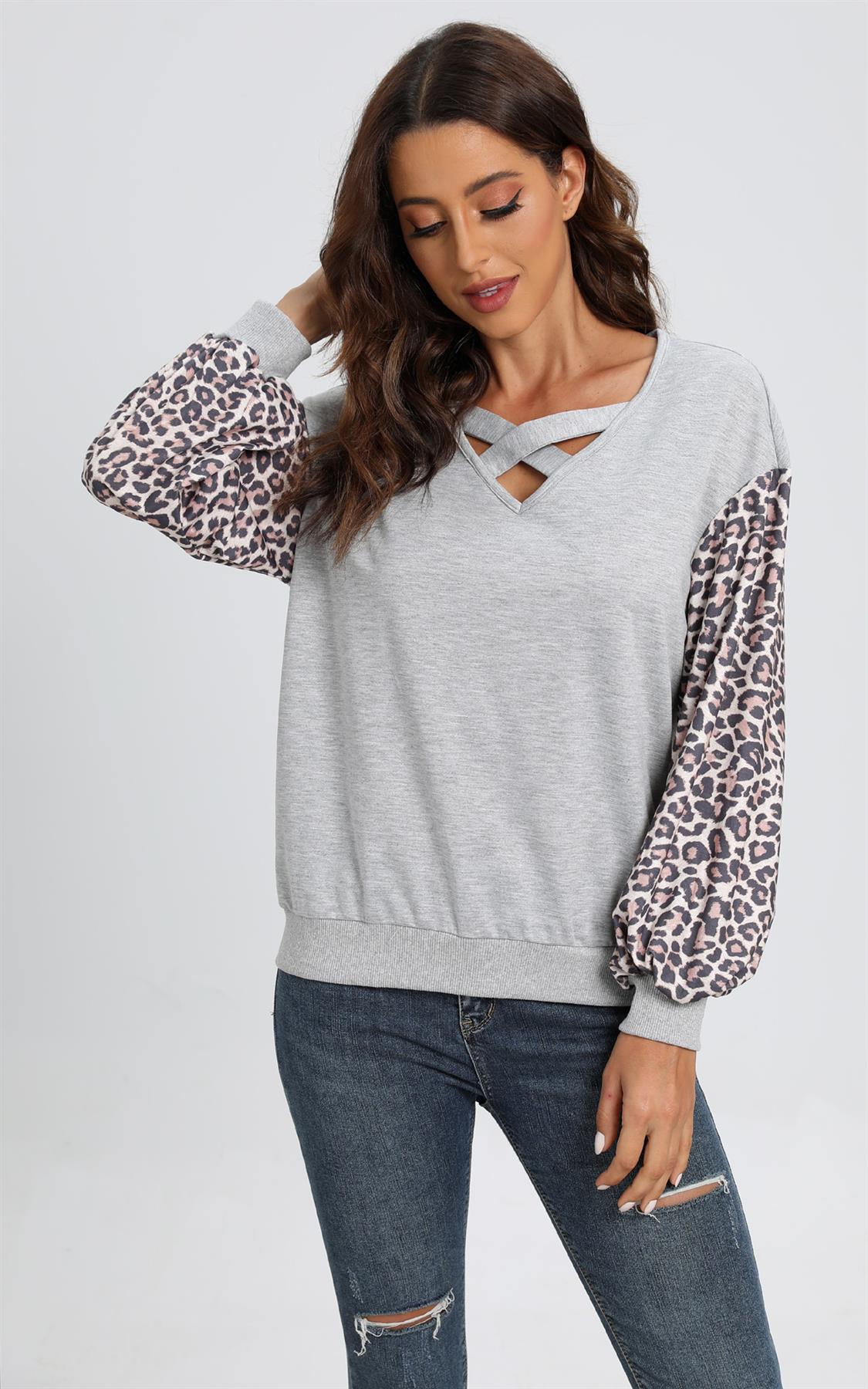 Animal Print Sleeves Cross Over Detail Top In Grey