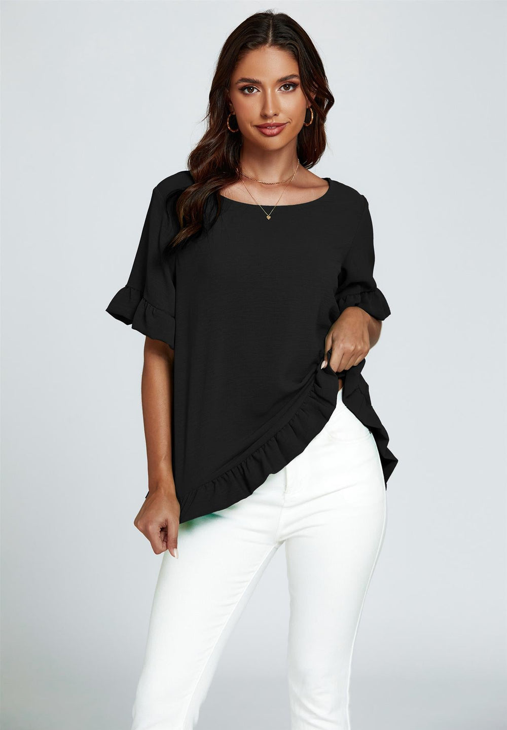 Frill Detail Short Sleeves Top In Black