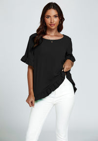 Frill Detail Short Sleeves Top In Black