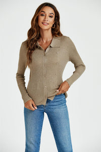 Morgan Collar Double Breasted Knit Top In Beige