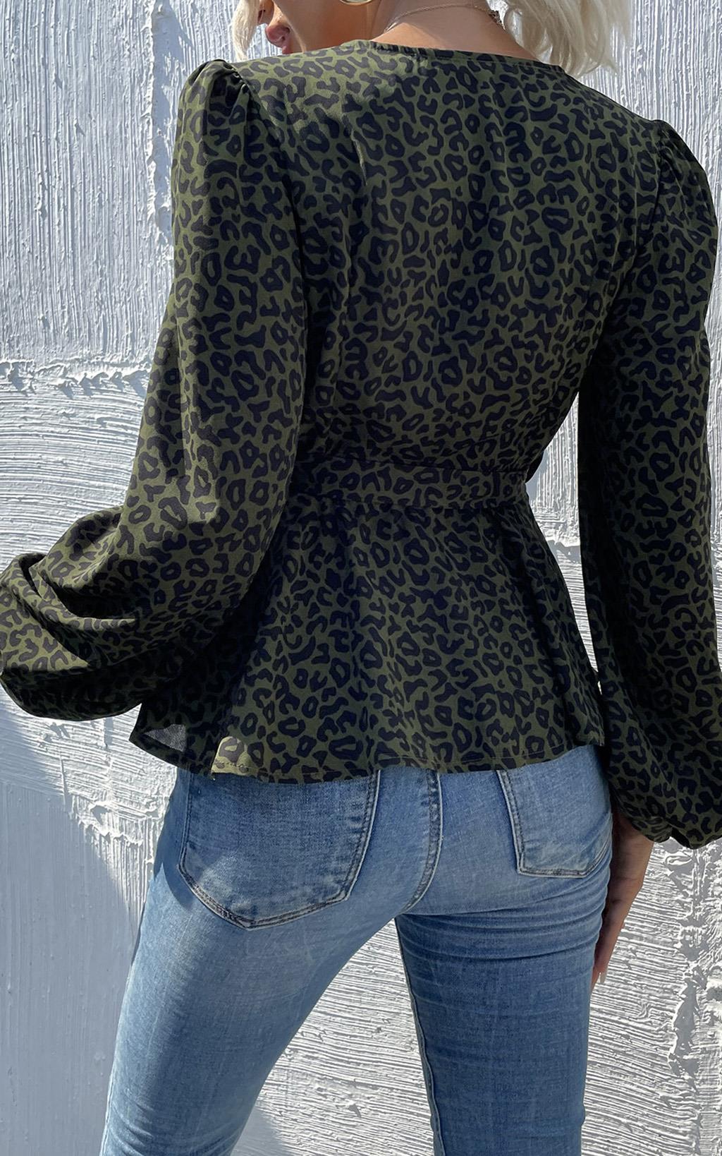 Long Sleeve V Neck Wrap Top/Blouse In Olive Green