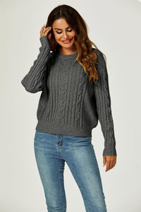 Cable Knit Crew Neck Jumper In Dark Grey