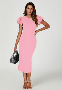 Volume Sleeve Bodycon Midi Dress In Pink