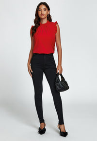 Frill Trim Sleeve Frill Neck Blouse Top In Red