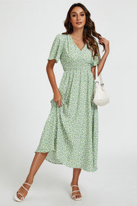 Multi Floral Print V Neck Midi Dress In Green