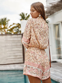 Boho Playsuit With Buttons In Cream & Peach Floral Print