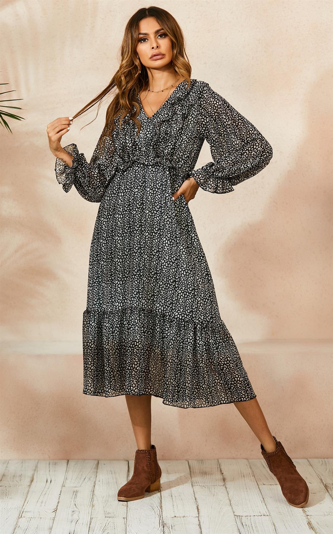 Ruffled Chiffon Mini Dress In Black & White Leopard Print