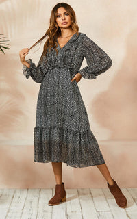 Ruffled Chiffon Mini Dress In Black & White Leopard Print