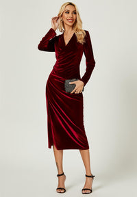 Velvet Wrap Style Long Sleeve Midi Dress In Wine