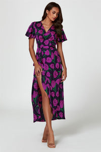 Floral Print Satin Wrap Maxi Dress In Magenta
