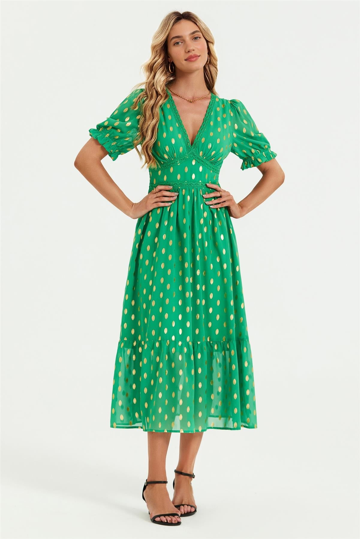 Lace Trim Foil Midi Dress In Green