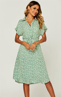 Relaxed Floral Print Button Down Midi Shirt Dress In Green