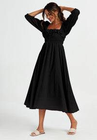 Frill Detail Square Neckline Midi Dress In Black