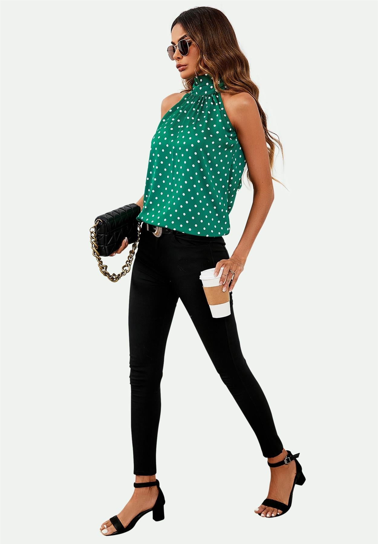 Polka Dot Print Halter Neck Tie Back Top In Green