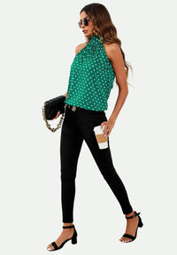 Polka Dot Print Halter Neck Tie Back Top In Green