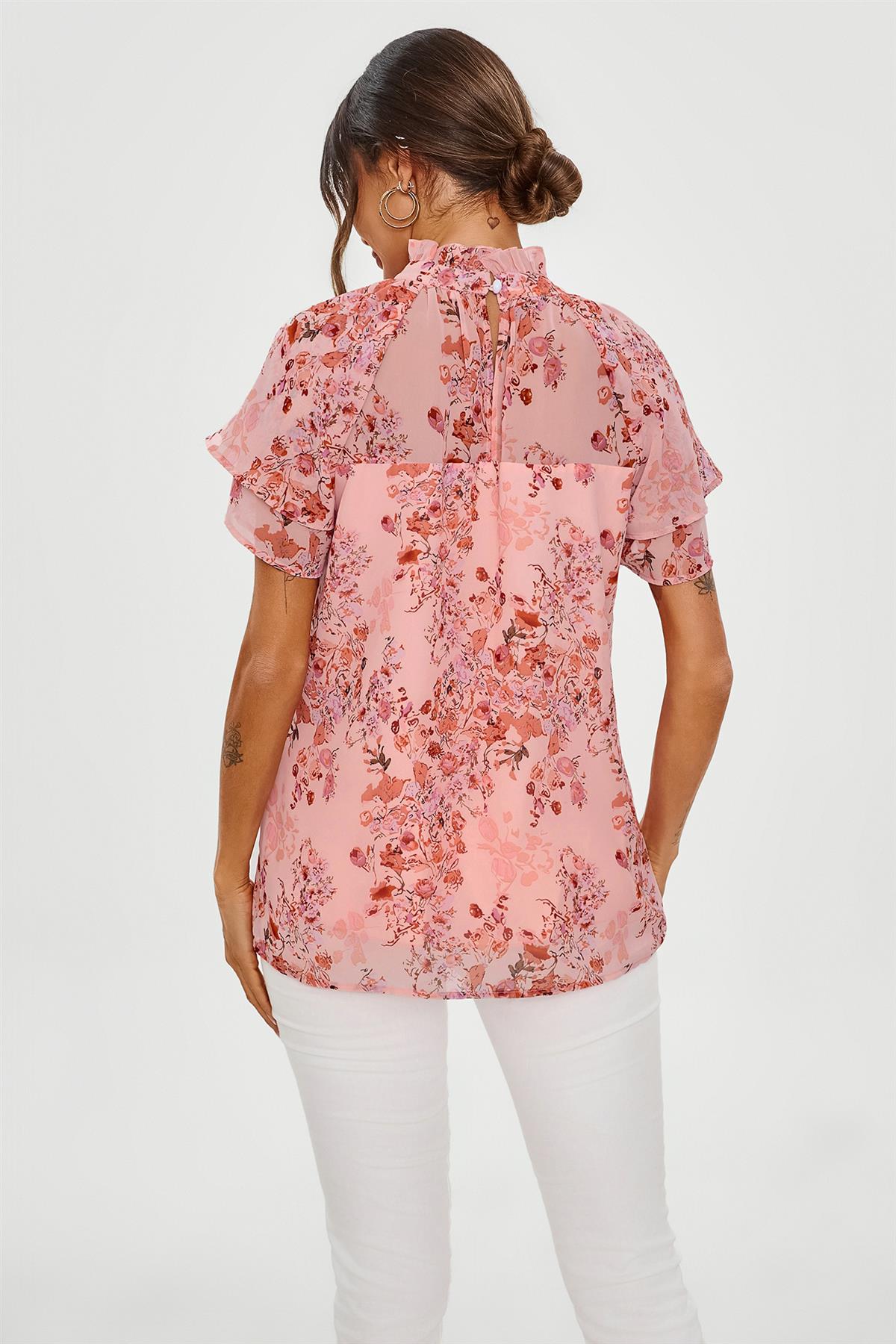Floral Print Frill Hem Sleeve High Neck Blouse Top In Pink