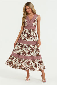 Floral Print Lace Detail Maxi Dress In Off White