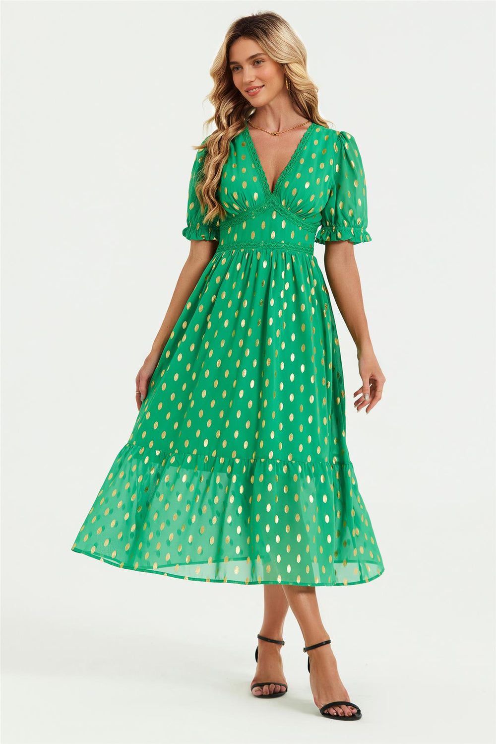 Lace Trim Foil Midi Dress In Green