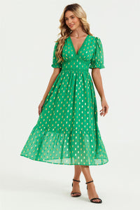 Lace Trim Foil Midi Dress In Green