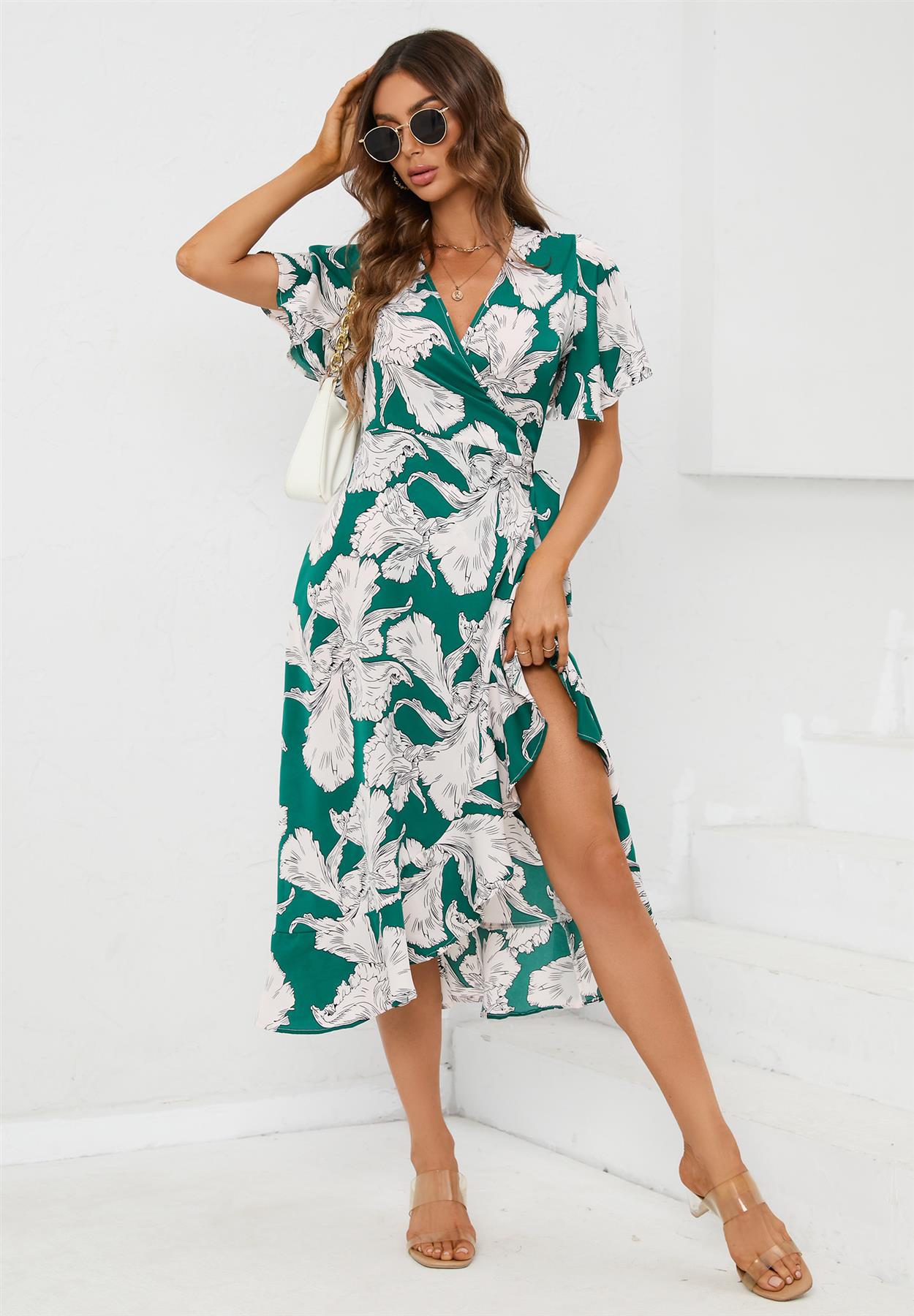 Angel Sleeve Wrap Midi Dress In Green