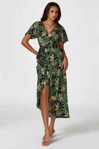 Abstract Floral Wrap Maxi Dress In Olive