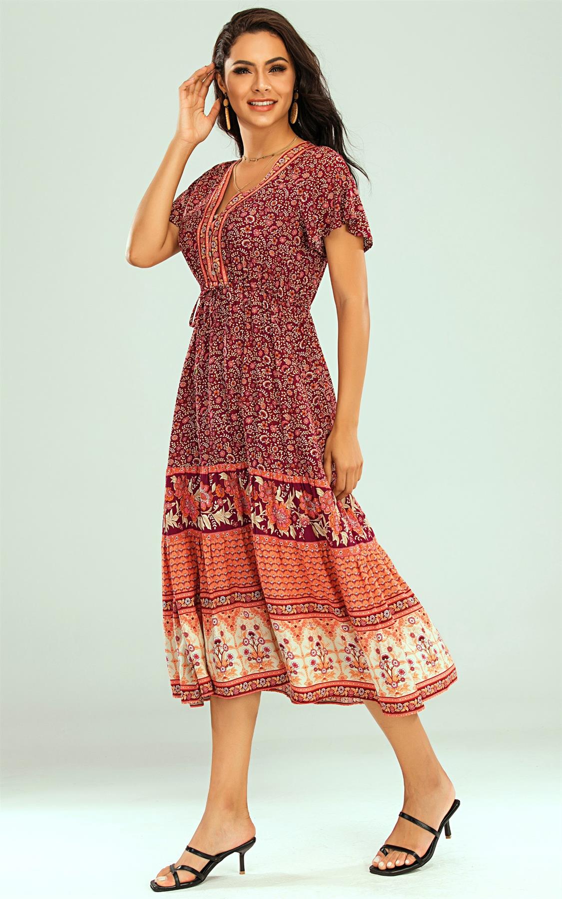 Floral Printed Tiered Midi Dress In Red