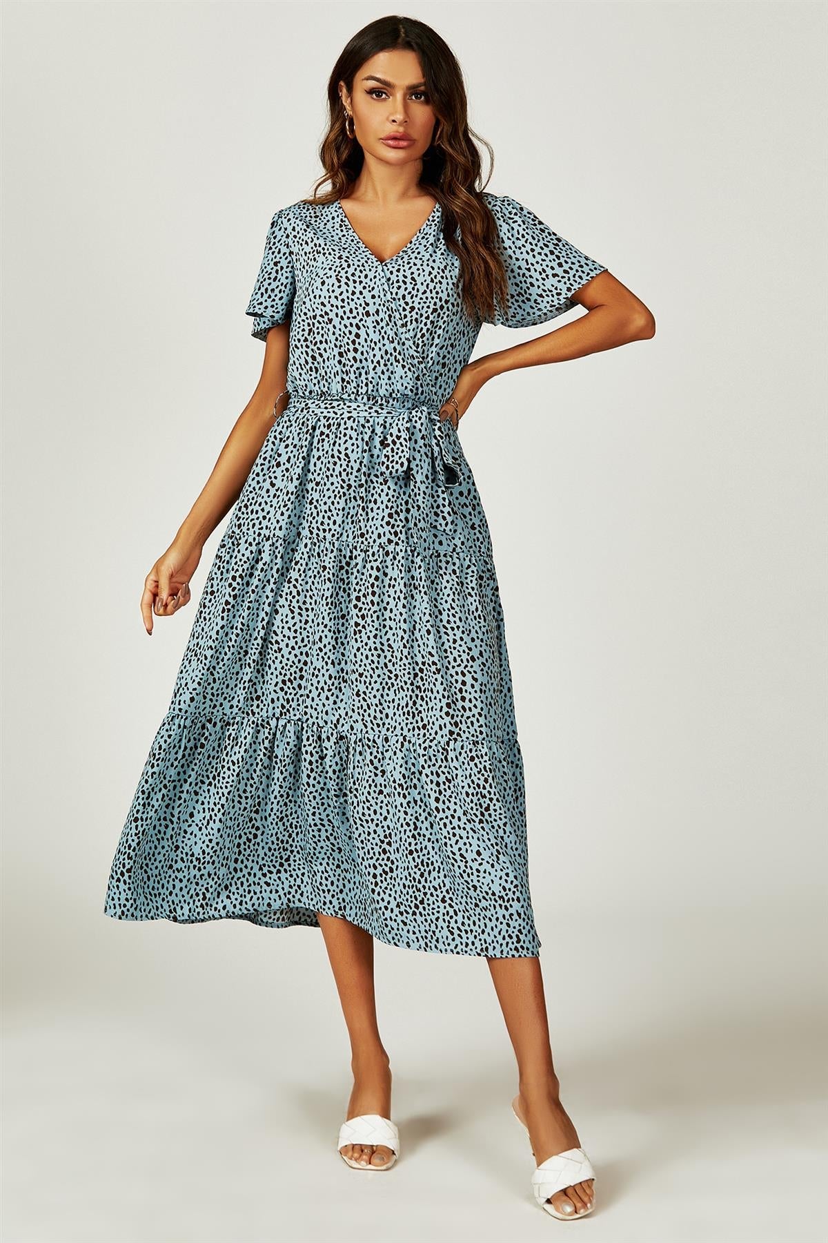 Leopard Print Hem Tiered Wrap Midi Dress In Blue