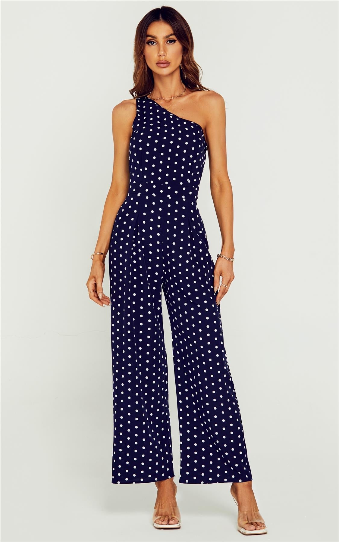 Polka Dot One Shoulder Bridesmaid Jumpsuit In Navy