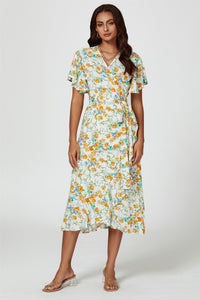 Floral Print Angel Sleeve Wrap Midi Dress In Yellow