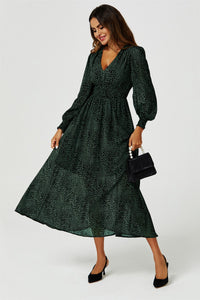 Leopard Print Long Sleeve Maxi Dress In Green