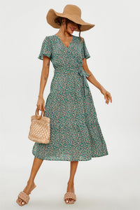 Orange Floral Print Hem Tiered Wrap Midi Dress In Green