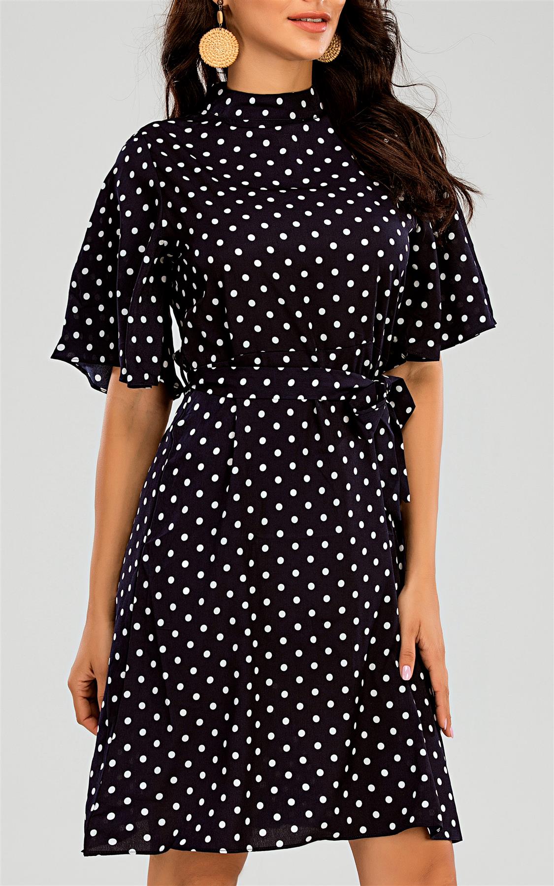 High Neck Mini Dress With Frill Hem And Black & White Polka Dot