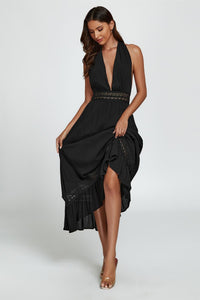Lace Detail Adjustable Deep V Neckline Maxi Dress In Black