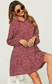 Button Front Long Sleeved Tiered Dress In Dark Red