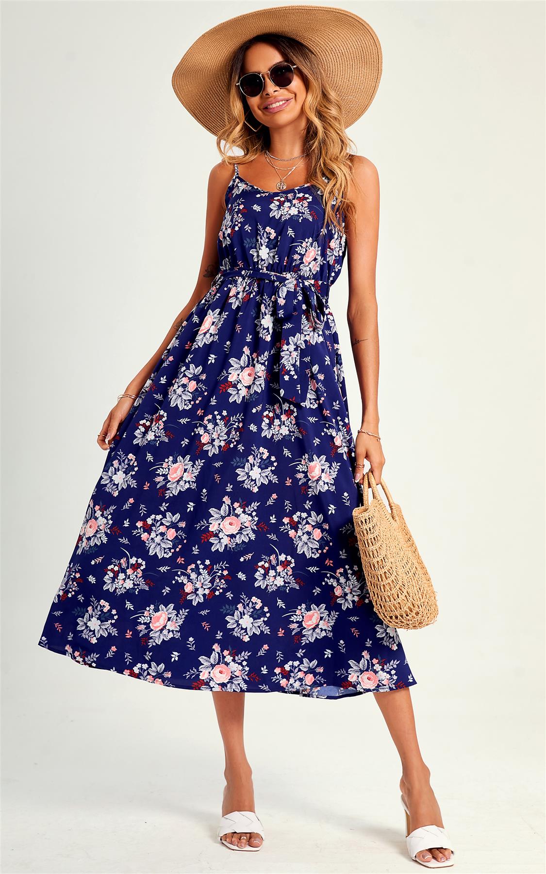 Flora Print Strap Midi Dress In Blue