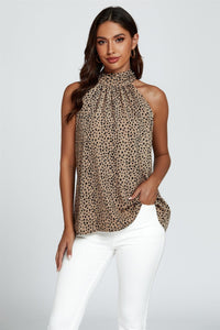 Leopard Print Halter Neck Tie Back Top In Beige