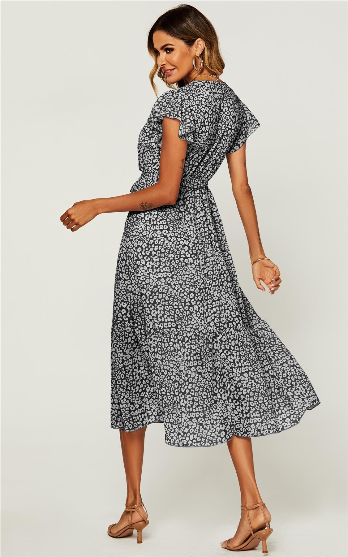 Ruffled Angel Sleeve Wrap Dress In Black Leopard Print