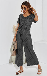 Black Polk Dot Loose Jumpsuit With Short Sleeve In Grey