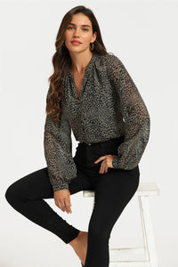 Gold Foil Leopard Print long sleeve Blouse Top In Black
