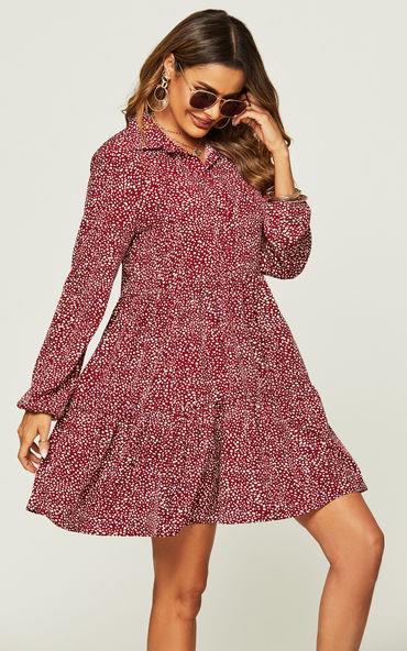 Button Front Long Sleeved Tiered Dress In Dark Red