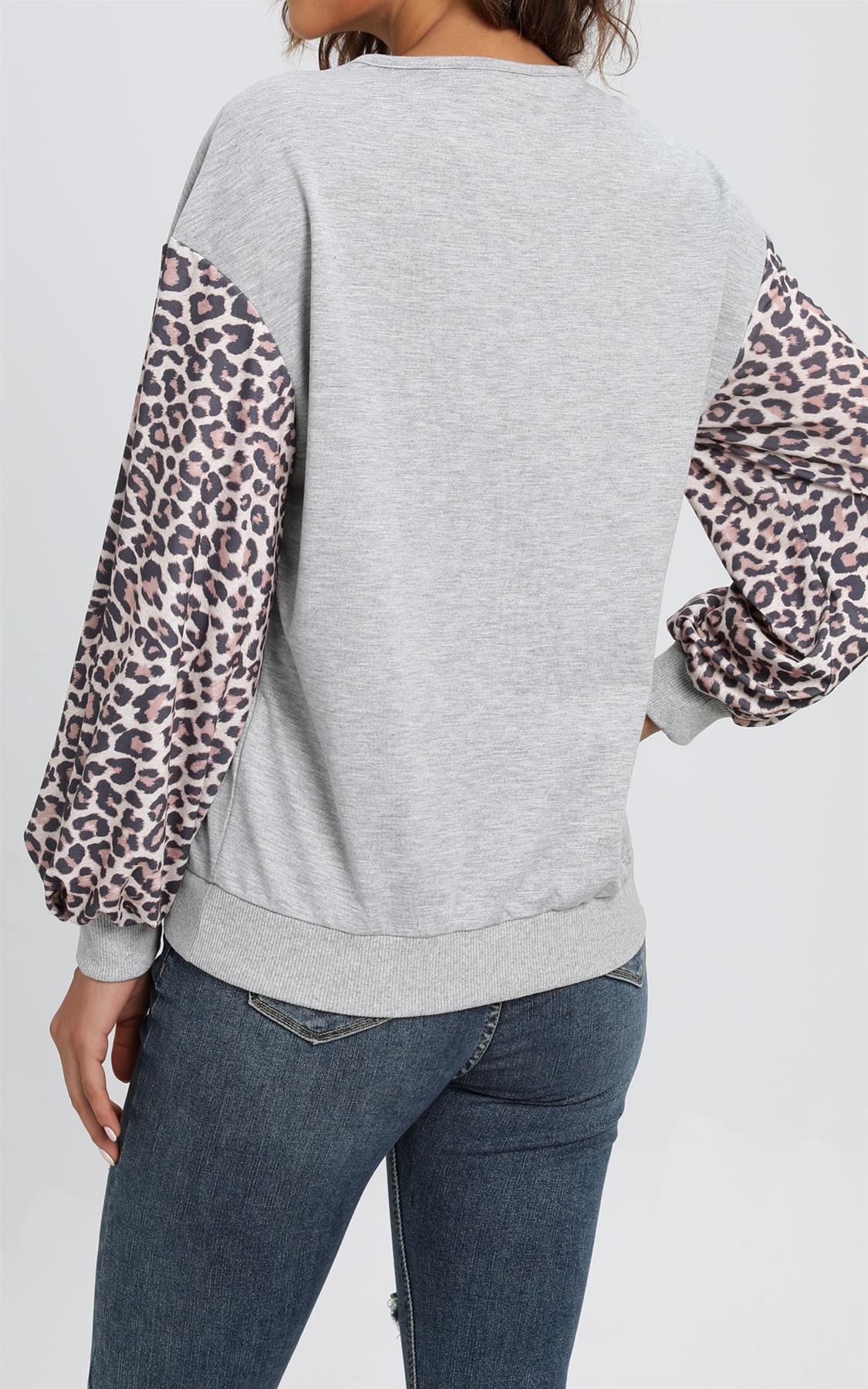 Animal Print Sleeves Cross Over Detail Top In Grey
