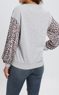 Animal Print Sleeves Cross Over Detail Top In Grey